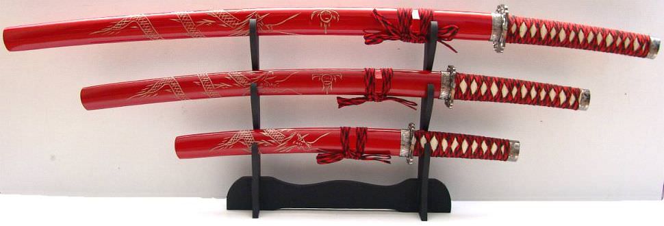 Rotes Samurai Schwerter Drachen Katana 3er set