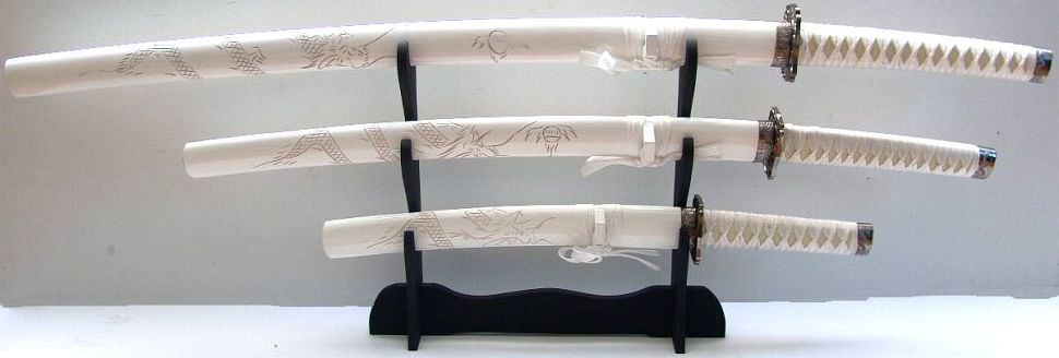 Weißes Samurai Schwerter Drachen Katana 3er set