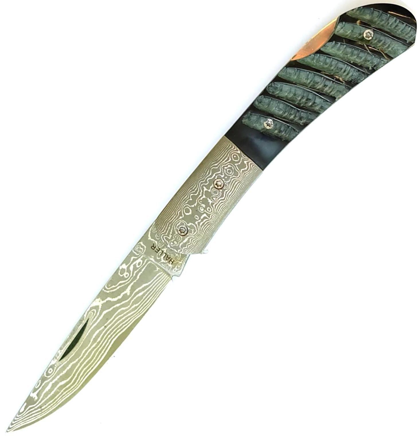 Damast-Taschenmesser mit Griffbeschalung aus Büffelhorn