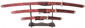 Samuraischwert Set Roter Drache Katana Wakizashi Tanto mit Schwertständer
