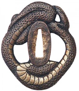 andere seite Tsuba Katana Snake + gefaltet- Damast + Hamon