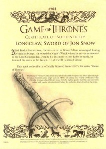 Zertifikat Jon Schnee Schwert kaufen Jon Snow Game of Thrones