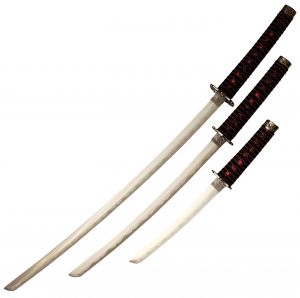 Klingen Samuraischwert Set Roter Drache Katana Wakizashi Tanto mit Schwertständer