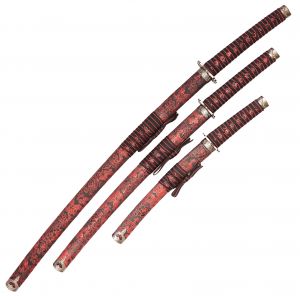 ohne Ständer Samuraischwert Set Roter Drache Katana Wakizashi Tanto mit Schwertständer