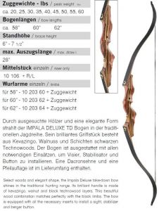 Recurvebogen Impala DELUXE black 20 - 60 lbs Länge 58 - 62 Zoll