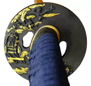 Tsuba Katana Blauschimmer + gefaltet- Damast + Hamon