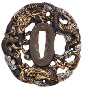 Tsuba Katana- Samuraischwert Suzaku Drache + Kobuse + gefaltet