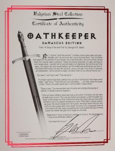Zertifikat Game of Thrones Schwert Oathkeeper Red Damascus offizielles Game of Thrones ®