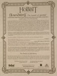 Zertifikat Glamdring Schwert von Gandalf dem Zauberer Herr der Ringe und Der Hobbit