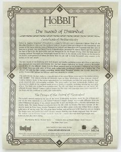 Zertifikat Thranduil Schwert aus Der Hobbit