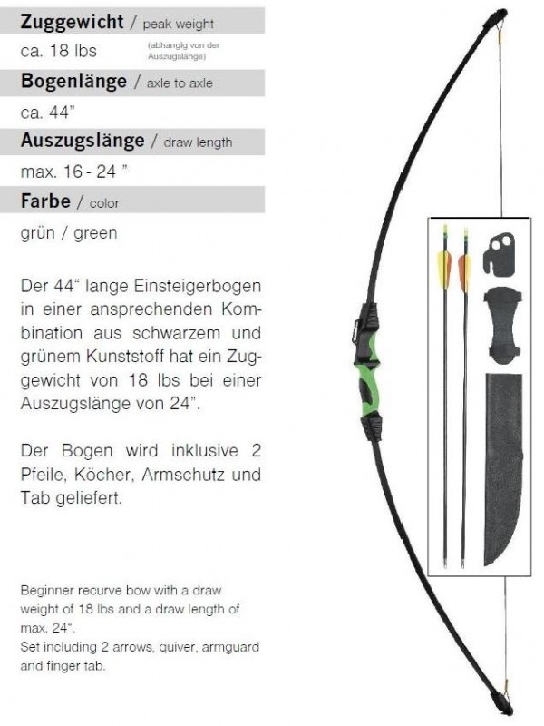 Fiberglasbogen Bogenset EX-R 18 lbs Länge 44 Zoll