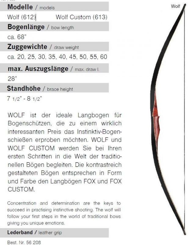 Langbogen WOLF 20 - 60 lbs Länge 68 Zoll