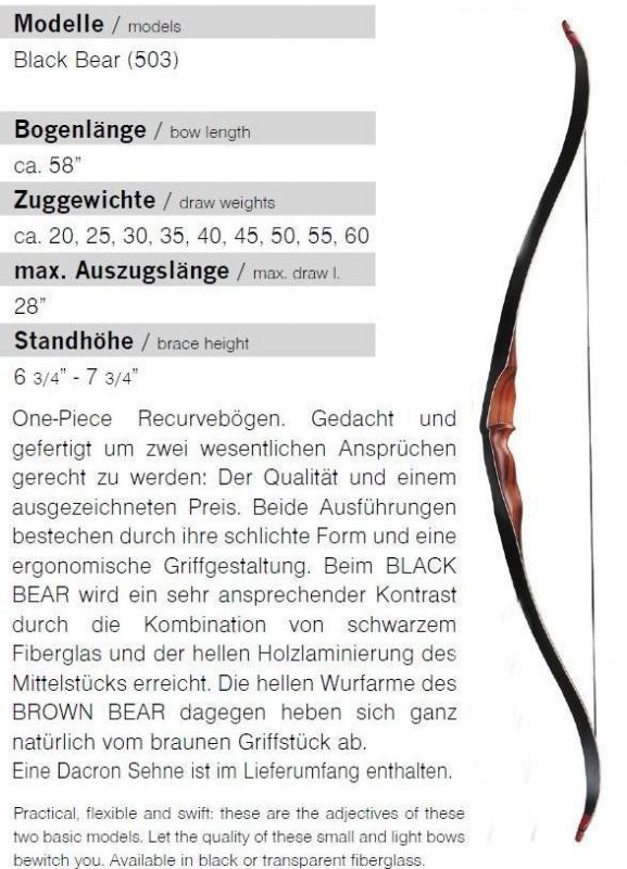 Recurvebogen Ragim - BLACK BEAR 20 - 60 lbs Länge 58 Zoll
