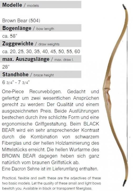 Recurvebogen Ragim - BROWN BEAR 20 - 60 lbs Länge 58 Zoll