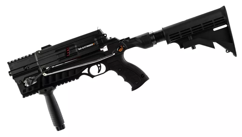 Seitlich Steambow AR-6 Stinger 2 Tactical Pistolenarmbrust mit Pfeilmagazin