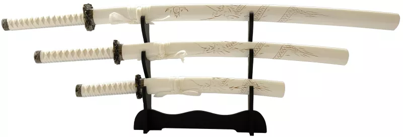 weiße Samurai Schwerter- Drachen Katana 3er Set