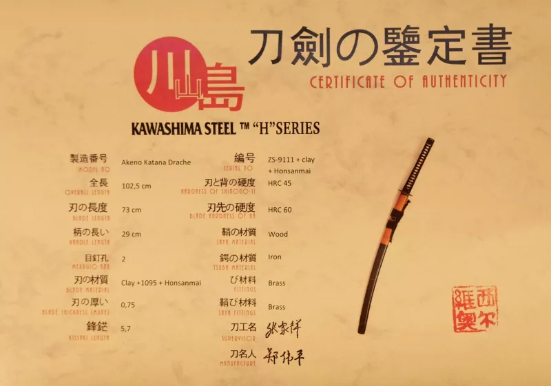 Zertifikat Akeno Katana Drache Samuraishwert + Honsanmai