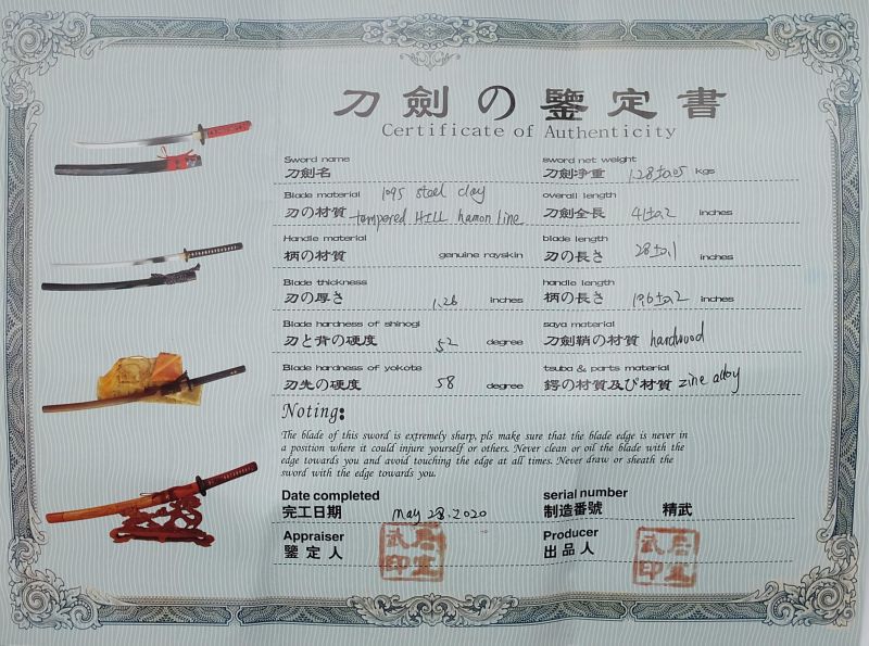 Das Zertifikat Iratsuko Katana mit Spezial Hamon Nokogiri Ba