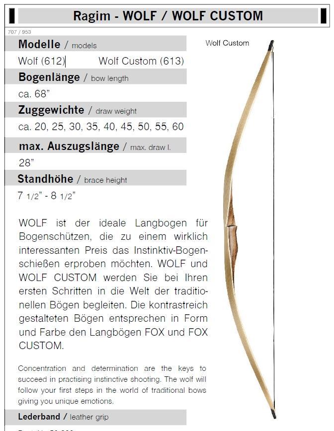 Langbogen Ragim WOLF CUSTOM 20 - 60 lbs Länge 68 Zoll Langbogen Ragim WOLF CUSTOM 20 - 60 lbs Länge 68 Zoll